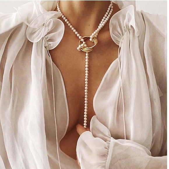 NWB Boho Festival Gold Pearl Layered Multistrand Women’s Chain Necklace - Picture 1 of 6